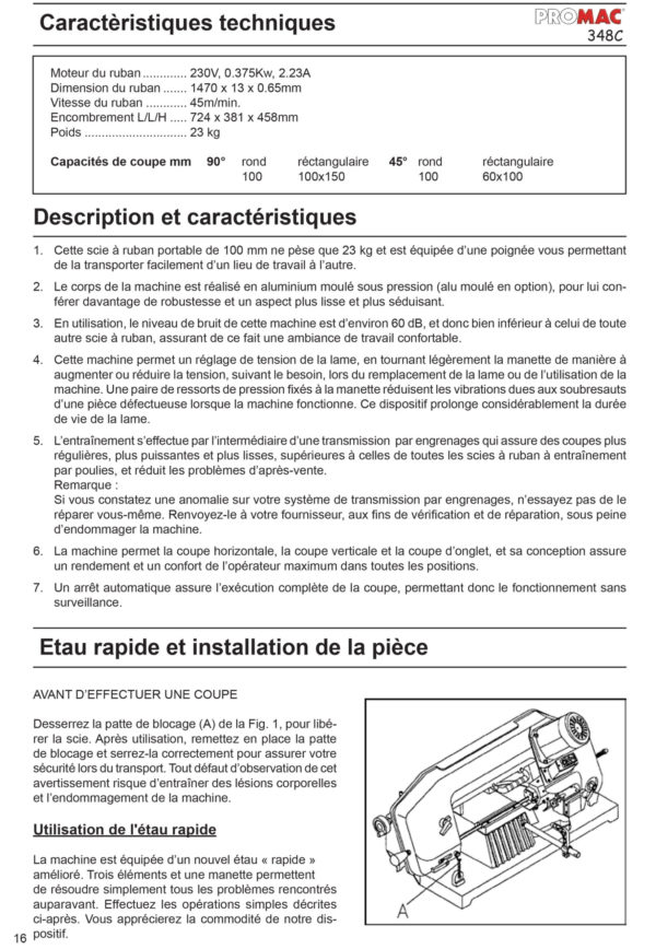 348C Scie à ruban 230 V, 0.37kW, capacité de coupe Ø 100mm